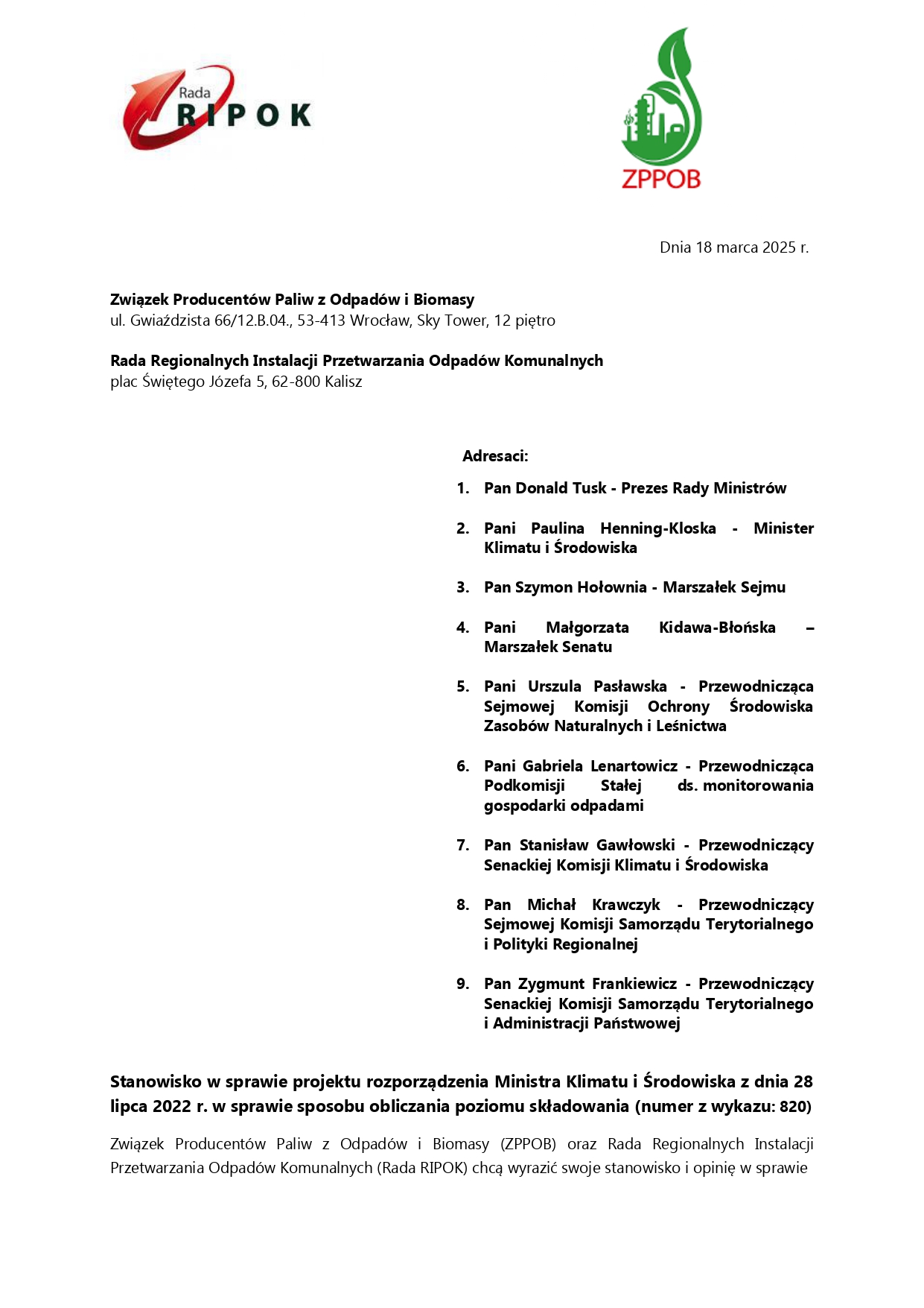 Stanowisko w sprawie projektu rozporządzenia Ministra Klimatu i Środowiska z dnia 28 lipca 2022 r. dotyczącego sposobu obliczania poziomu składowania (numer z wykazu: 820). 📜